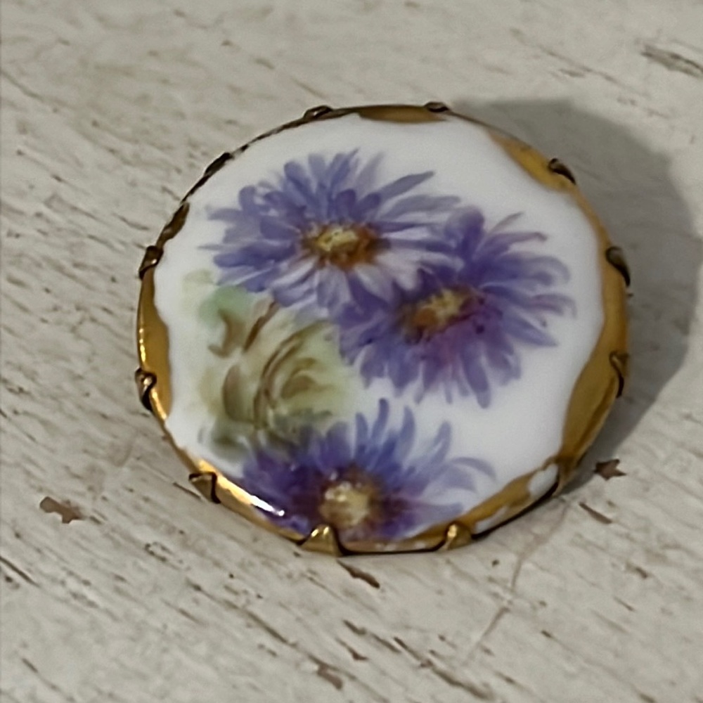 Antique hand painted floral gold gilded porcelain brooch 1.5”
